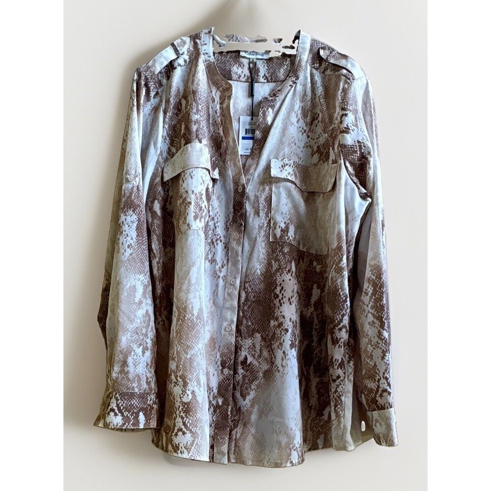 Calvin Klein Womens Beige/Brown Animal Print Satin Button-Up Shirt Size M